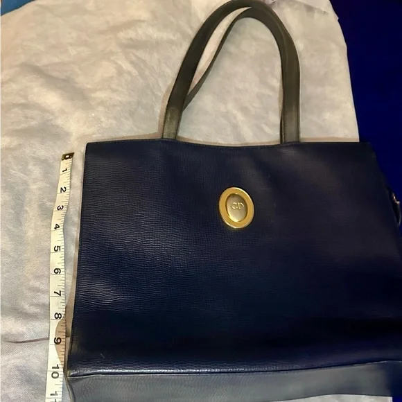 Authentic Vintage Christian Dior Leather Navy Blue Tote with Gold Accent